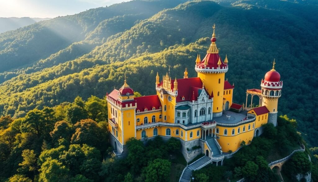 Aerial view of colorful Pena Palace in Sintra, Portugal