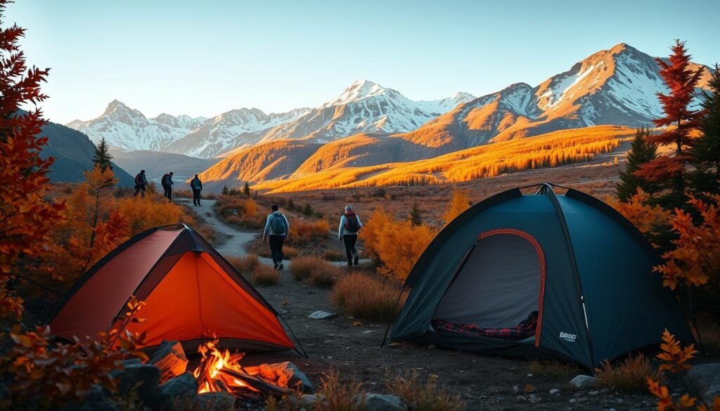 Autumn camping in a picturesque national park. In the foreground, a cozy tent nestled among vibrant orange and yellow foliage, with a campfire flickering nearby. In the middle ground, hikers trekking along a winding trail, taking in the breathtaking scenery. In the background, majestic snow-capped peaks silhouetted against a warm, golden sky. The scene is illuminated by soft, natural lighting, creating a serene and inviting atmosphere. Lens: 50mm. Perspective: slightly elevated, capturing the grandeur of the landscape.