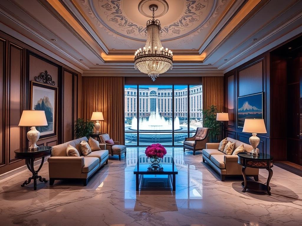 Bellagio Chairman Suite with elegant living room and fountain views