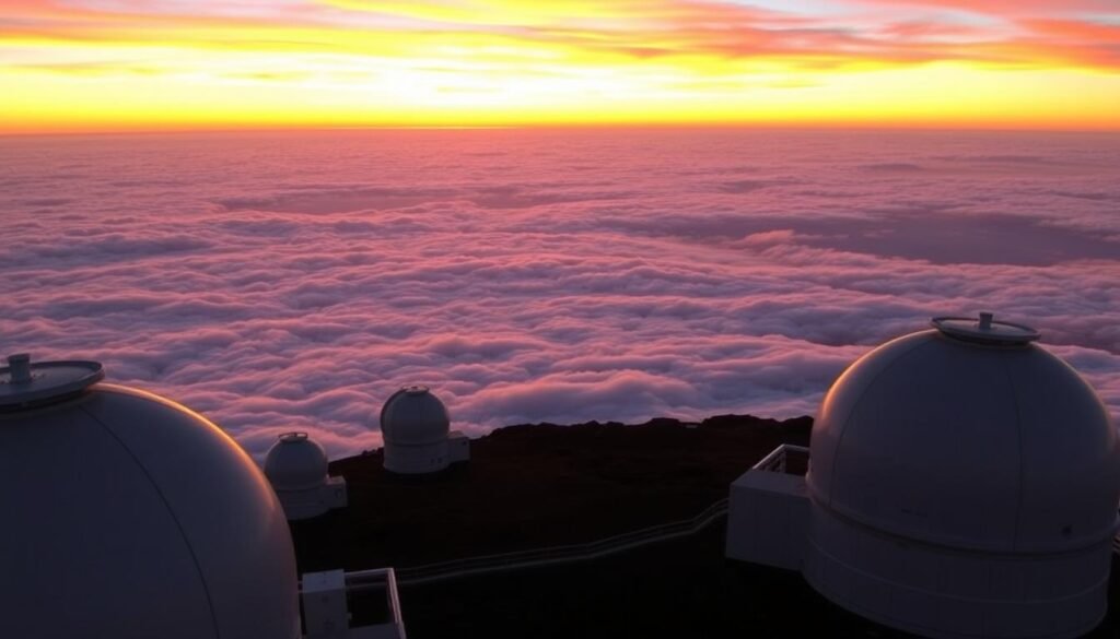 Breathtaking sunset view from the summit of Mauna Kea, with the sky painted in vivid hues of orange, pink, and purple. Towering above the sea of clouds, several iconic astronomical observatories sit silhouetted against the glowing horizon. The perspective should emphasize the dramatic elevation, with soft golden light illuminating the mountaintop while layers of clouds drift below. The atmosphere is serene, majestic, and otherworldly, capturing both the natural beauty and the scientific presence of the summit.