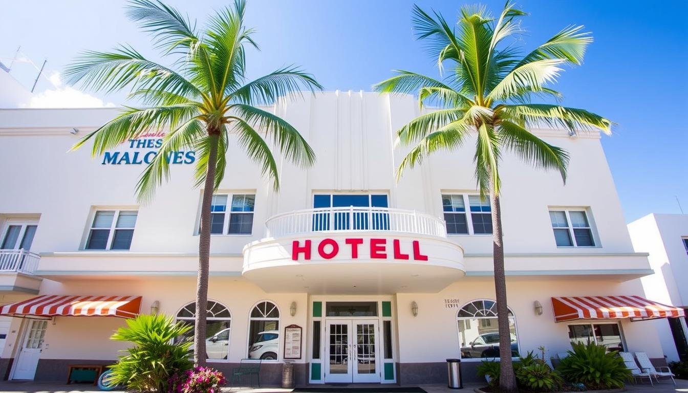 Budget-friendly hotel in Miami Beach with Art Deco styling and palm trees