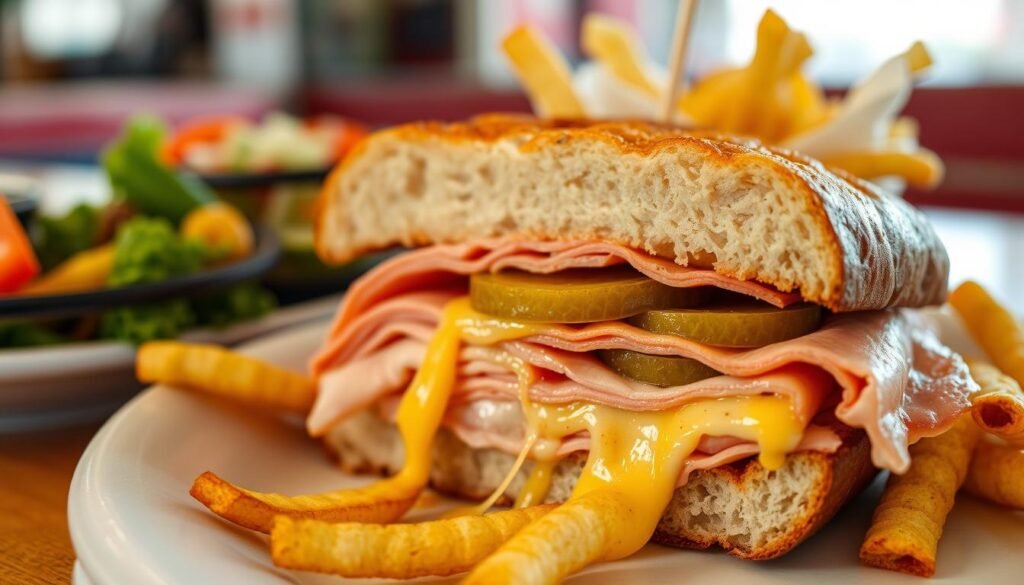 Colorful Cuban sandwich and side dishes at a Miami budget restaurant