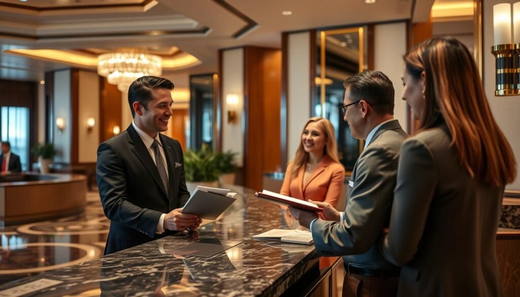 Concierge at a luxury Las Vegas hotel assisting guests with VIP arrangements