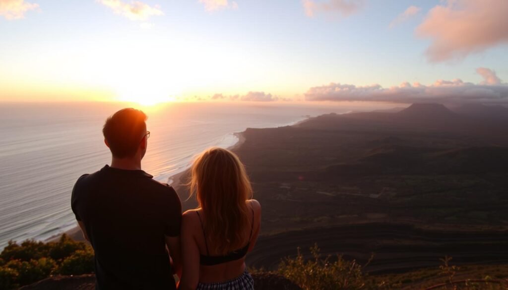 Couple watching sunset from a scenic viewpoint on their final evening of a 7-day Hawaii adventure