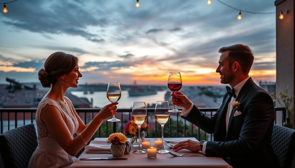 Elegant couple dining at sunset on private terrace in Portugal