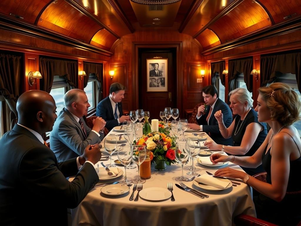 Elegant passengers dressed for dinner on a luxury African train - Luxury Rail Journeys Africa