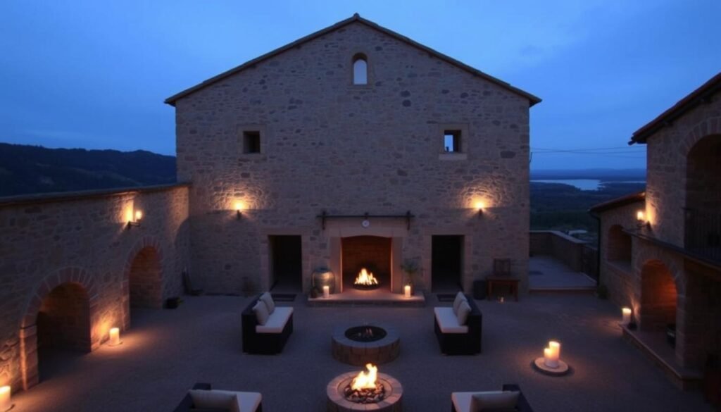 Eremito monastery retreat in Umbria, Italy with stone architecture and candlelit interiors