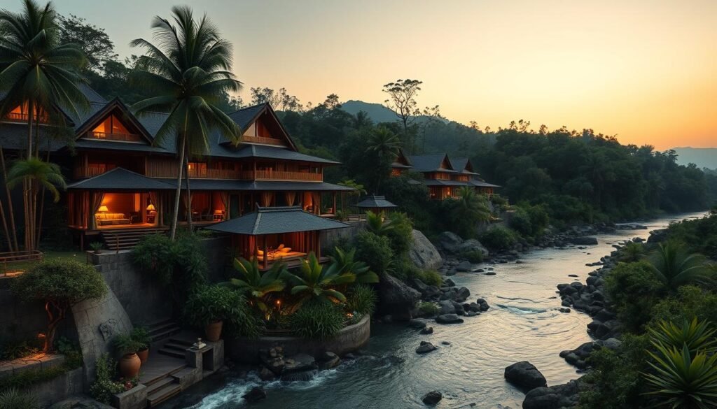 Fivelements Retreat Bali situated on the banks of the sacred Ayung River with bamboo architecture