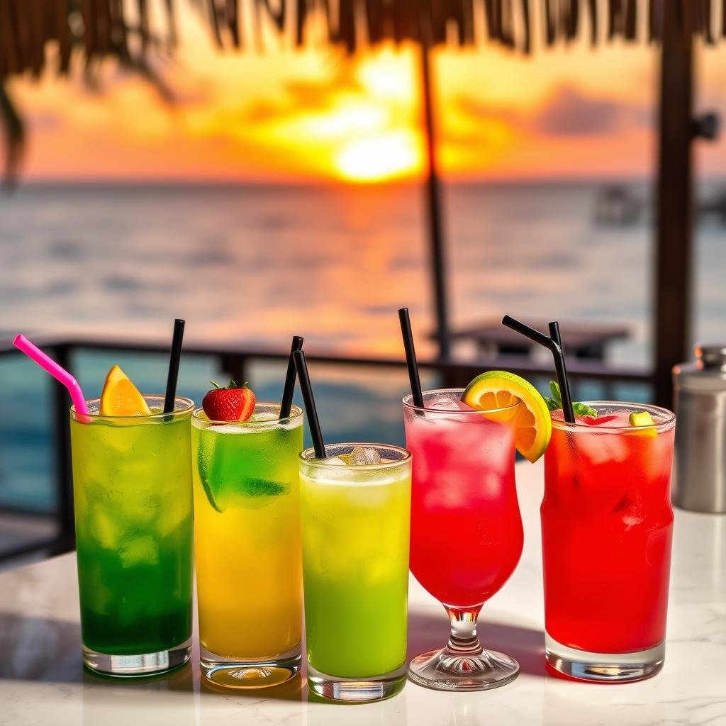 Happy hour cocktails at a Miami Beach bar with ocean view