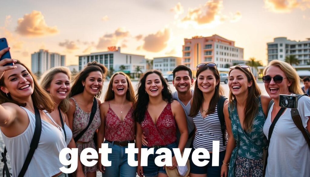 Happy travelers enjoying Miami Beach sunset on a budget vacation