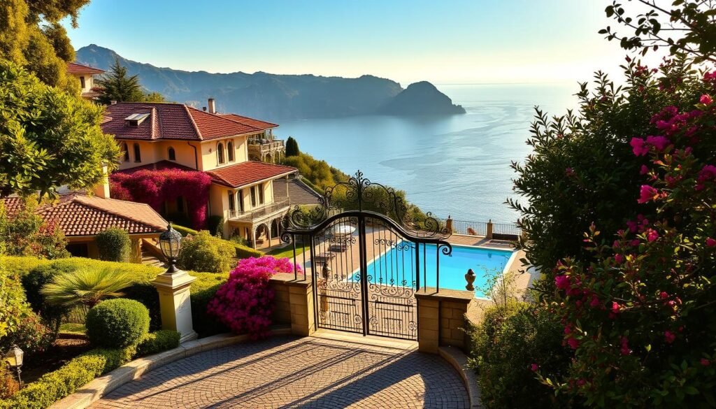 Luxurious Italian villas nestled along the picturesque Amalfi Coast, bathed in the warm glow of golden autumn sunlight. Elegant, two-story structures with terracotta roofs, ornate balconies, and lush, meticulously manicured gardens. The foreground features a cobblestone pathway leading to an ornate, wrought-iron gate, framed by vibrant bougainvillea vines. In the middle ground, a tranquil swimming pool reflects the surrounding landscape, while the background showcases the breathtaking panorama of the Mediterranean Sea, with its sparkling azure waters and rugged, mountainous coastline. The entire scene exudes an air of refined sophistication and timeless Italian charm, perfect for planning an indulgent autumn getaway.