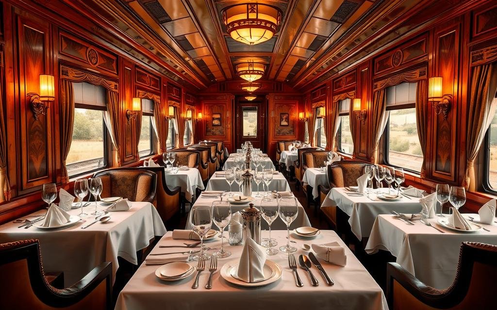 Luxurious dining car interior on an African luxury train with elegant table settings - Luxury Rail Journeys Africa