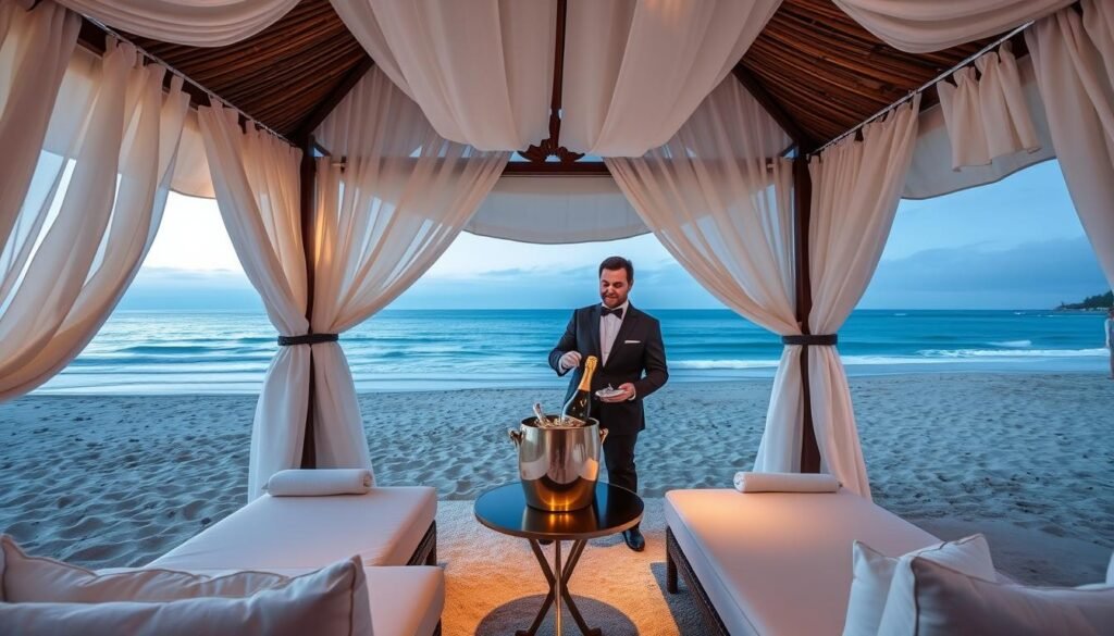 Luxury beach cabana setup in Santa Monica with butler service Luxury beach cabana setup in Santa Monica with butler service