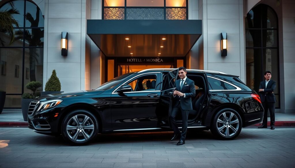 Luxury car service in front of upscale Santa Monica hotel Luxury car service in front of upscale Santa Monica hotel