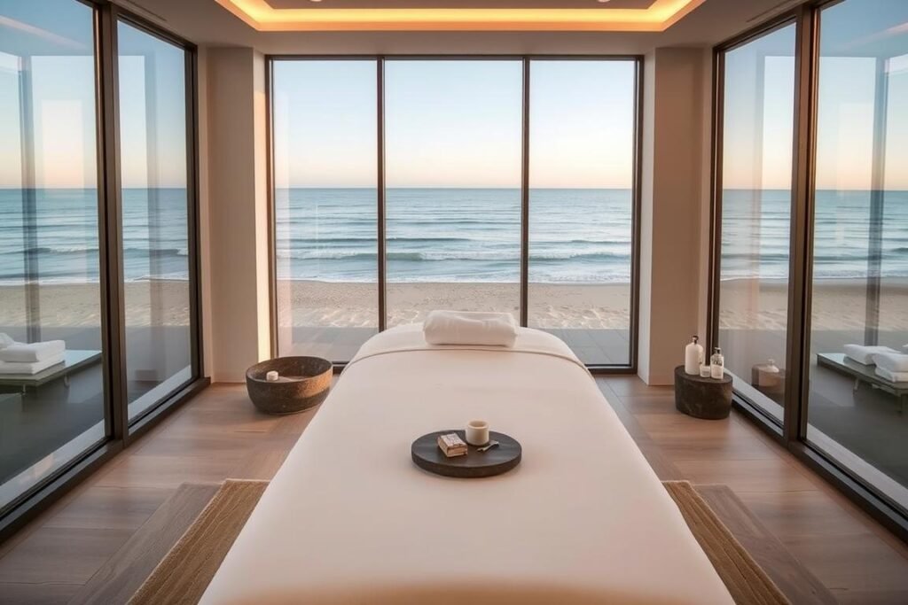 Luxury spa treatment room overlooking Santa Monica beach Luxury spa treatment room overlooking Santa Monica beach