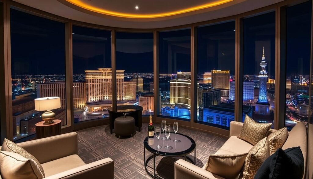 Luxury suite with panoramic views of the Las Vegas Strip at night