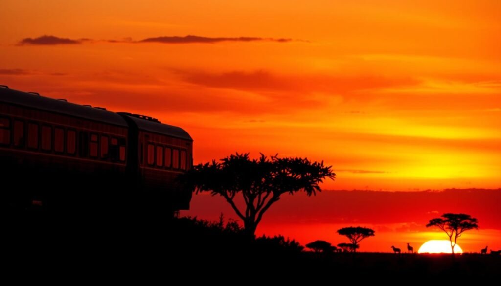 Luxury train at sunset with silhouetted African landscape - Luxury Rail Journeys Africa