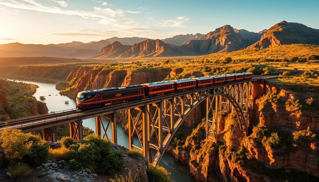 Luxury train crossing a dramatic bridge over a river gorge in Africa - Luxury Rail Journeys Africa