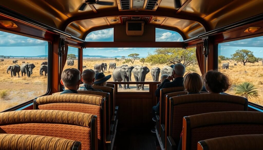 Luxury train observation car with passengers viewing elephants at a waterhole - Luxury Rail Journeys Africa