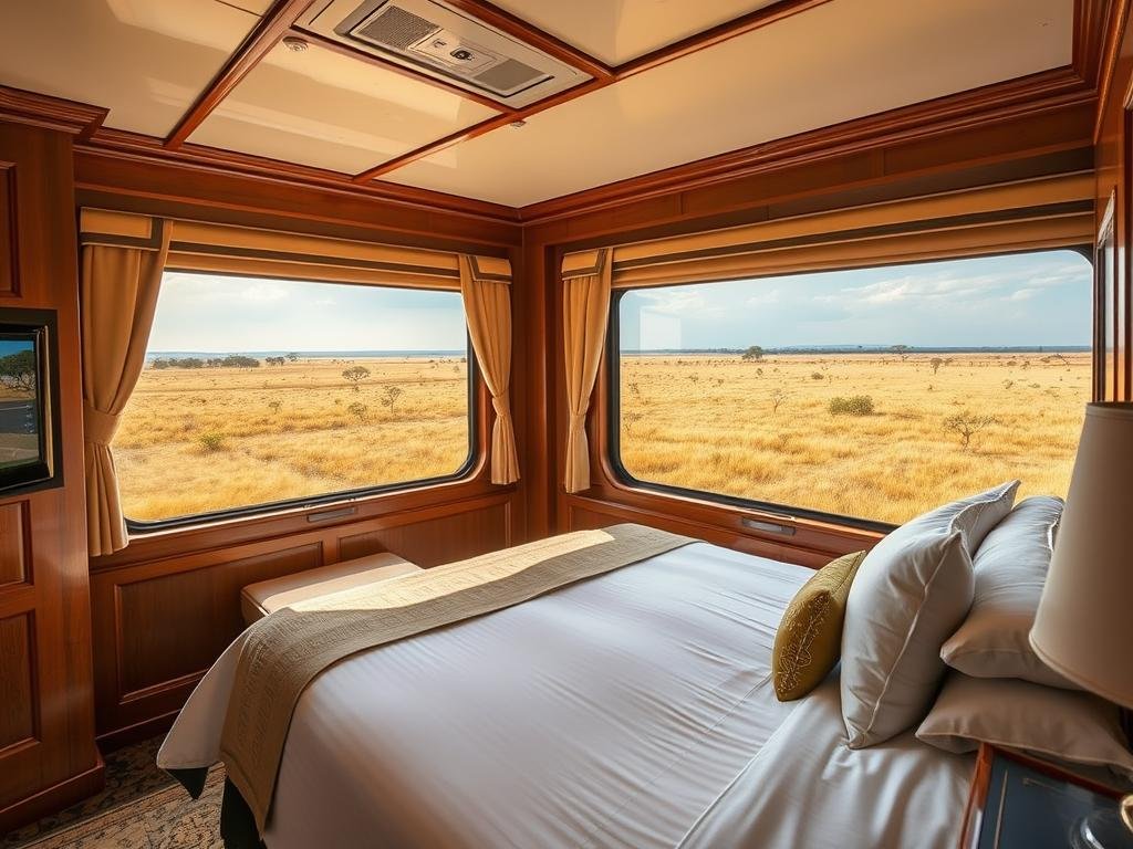 Luxury train suite with panoramic windows overlooking African plains - Luxury Rail Journeys Africa