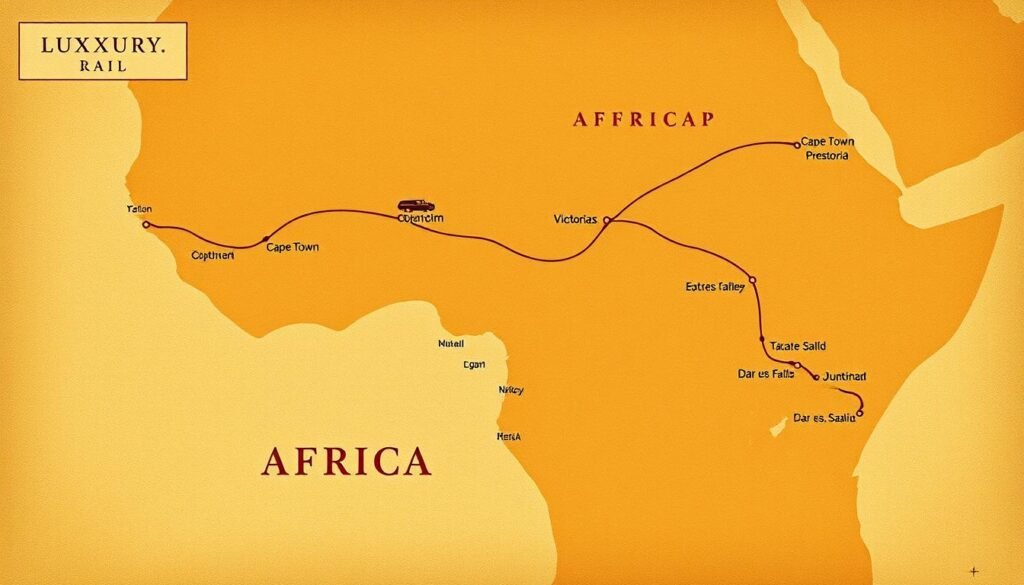 Map of luxury rail routes across Africa with key destinations highlighted - Luxury Rail Journeys Africa