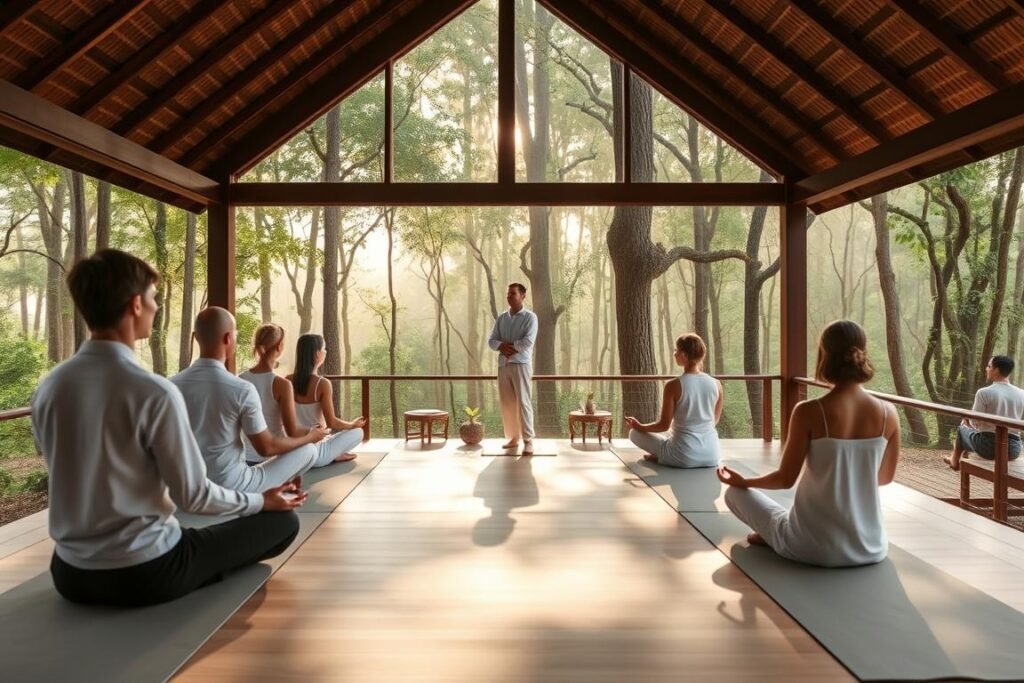 Meditation session in REVĪVŌ's open-air pavilion surrounded by teak forest