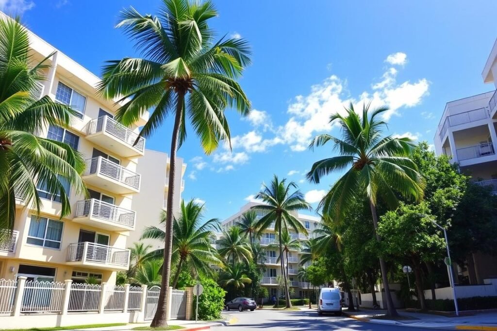 North Beach Miami apartment buildings with palm trees