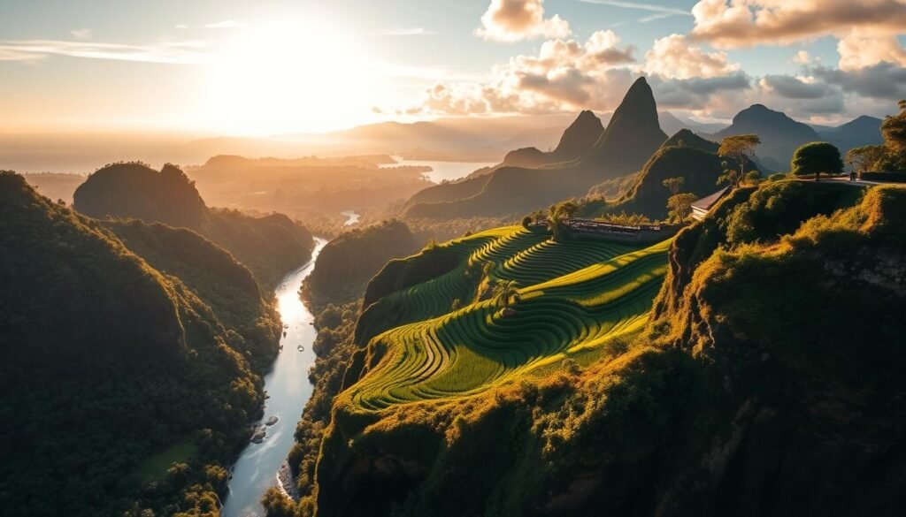 Panoramic view of Bali's diverse landscapes featuring jungle, rice terraces, and ocean cliffs where luxury wellness retreats are located
