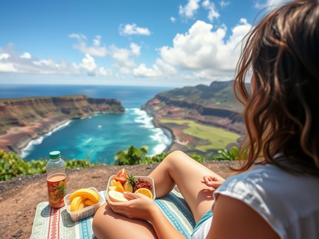 Person enjoying a budget-friendly picnic on a scenic Hawaii beach overlook during a 7-day Hawaii adventure