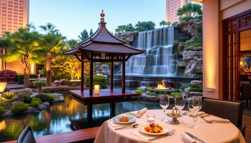 Private dining table overlooking a Japanese garden at Mizumi restaurant in Wynn Las Vegas