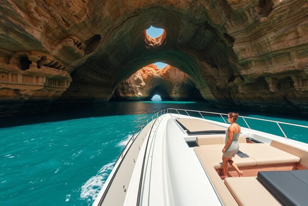 Private yacht exploring sea caves along Algarve coast