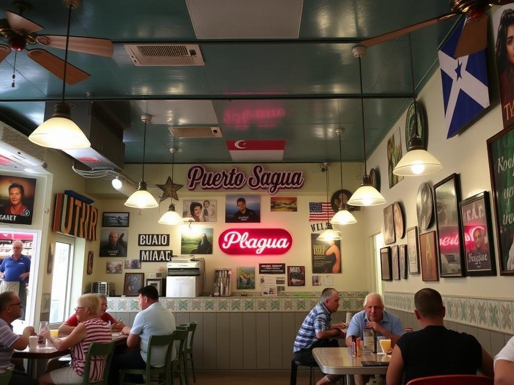 Puerto Sagua restaurant interior with Cuban decor and diners