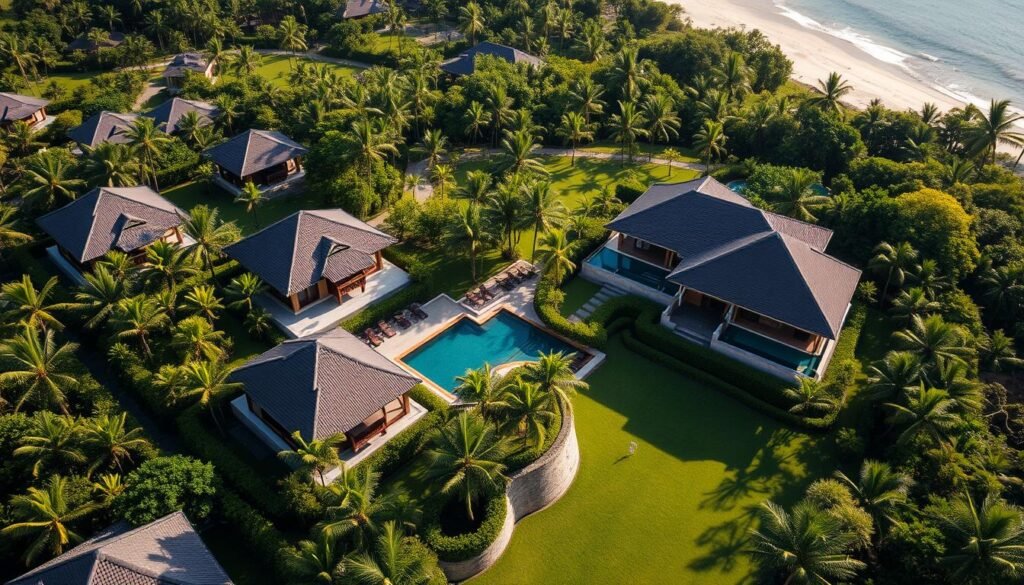 REVĪVŌ Wellness Resort aerial view showing Balinese-style villas and tropical gardens in Nusa Dua