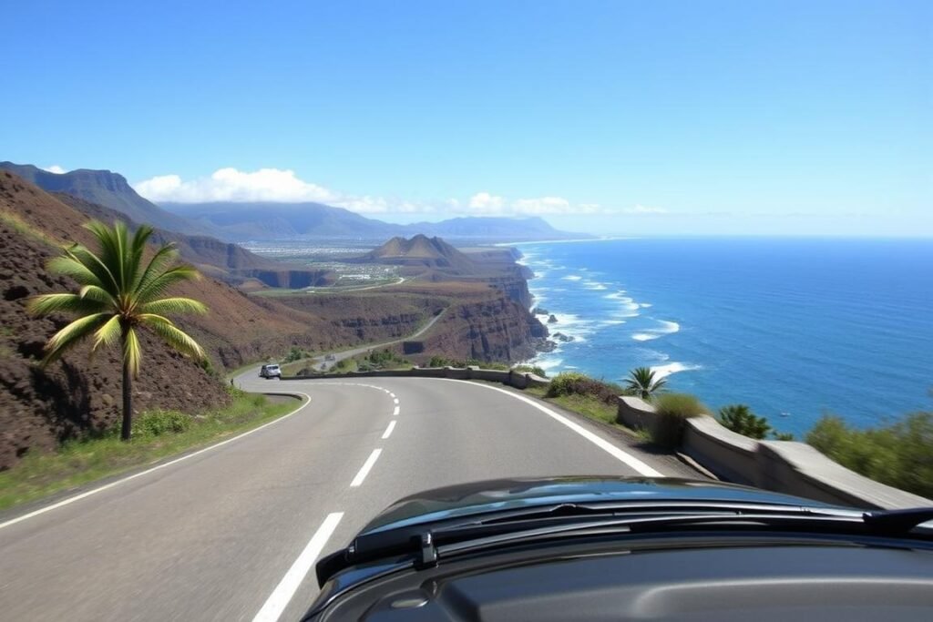 Rental car driving along the scenic coastal highway on Big Island during a 7-day Hawaii adventure