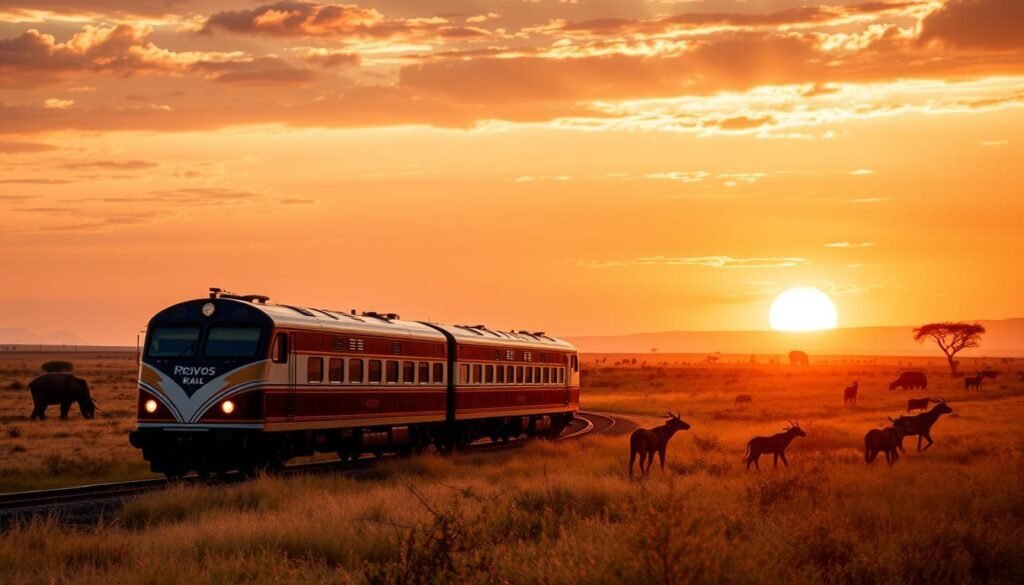 Rovos Rail Pride of Africa luxury train crossing the African savanna at sunset - Luxury Rail Journeys Africa