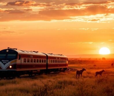 Rovos Rail Pride of Africa luxury train crossing the African savanna at sunset - Luxury Rail Journeys Africa