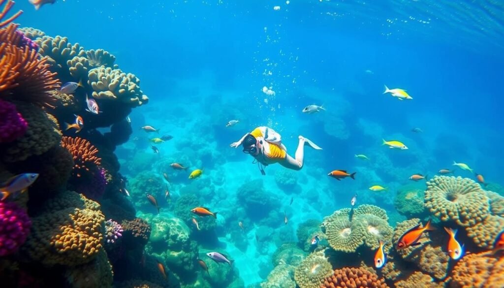 Snorkeler swimming with colorful tropical fish at Captain Cook Monument during a 7-day Hawaii adventure