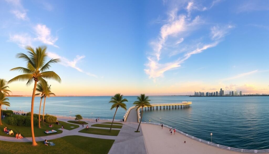 South Pointe Park Miami Beach at sunset with city skyline view