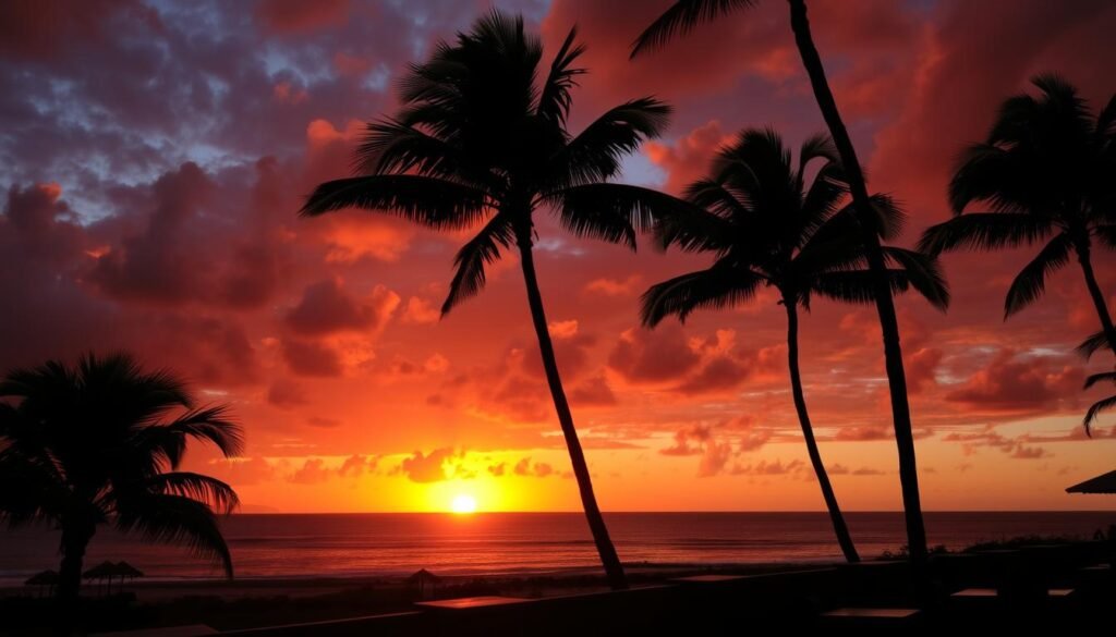 Sunset view from a restaurant in Kona with palm trees silhouetted against orange and purple skies during a 7-day Hawaii adventure