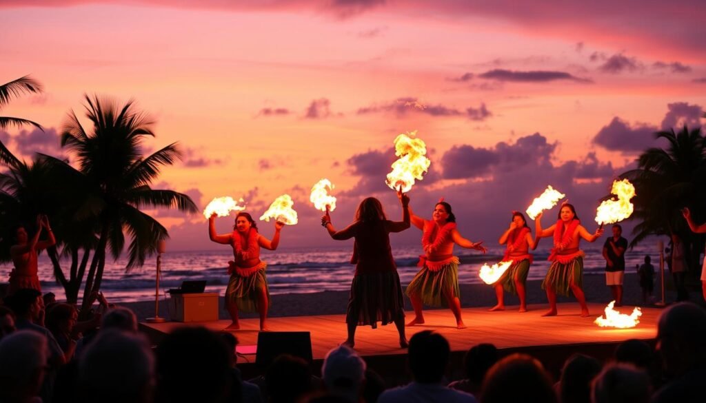 Traditional Hawaiian luau performance with fire dancers at sunset during a 7-day Hawaii adventure