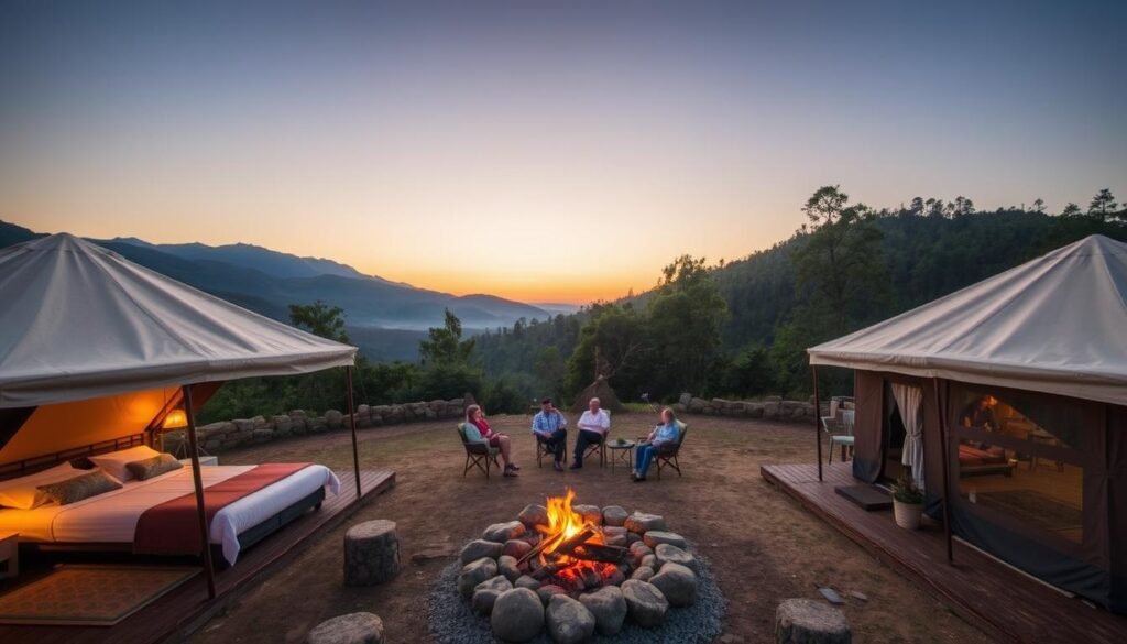Under Canvas safari-style tents near a national park with mountain views