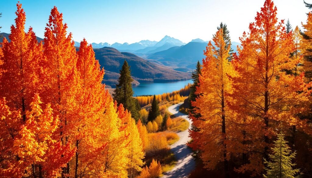 Vibrant autumn foliage cascading across a picturesque national park landscape. Tall, lush trees in the foreground burst with warm hues of red, orange, and yellow, their leaves gently swaying in a soft breeze. In the middle ground, a winding mountain trail leads to a serene lake, its still waters reflecting the vibrant colors above. Distant peaks rise majestically in the background, their tips dusted with the first hint of winter snow. The scene is bathed in golden, directional sunlight, casting long shadows and creating a sense of depth and atmosphere. An idyllic, quintessential autumn tableau that captures the beauty and tranquility of national parks during the peak fall season.