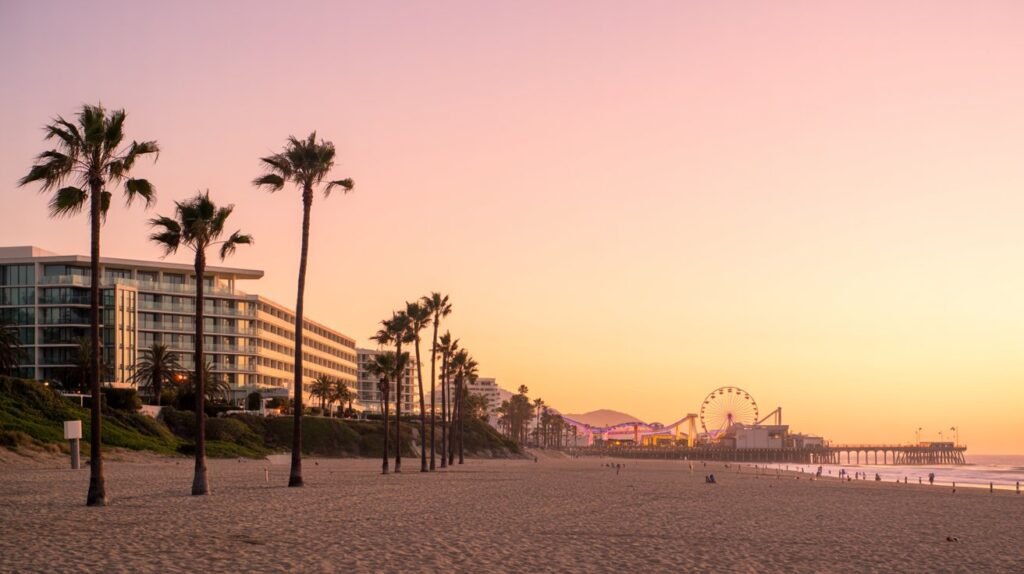 Luxury Santa Monica travel guide showing aerial view of coastline at sunset