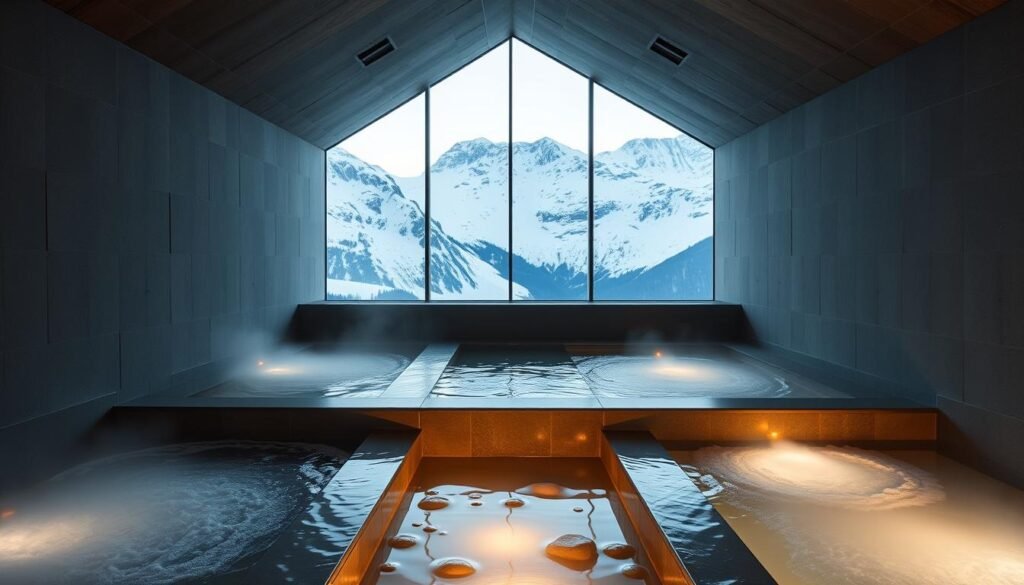 7132 Hotel thermal baths designed by Peter Zumthor with mountain views, listed among the Most Instagrammable Luxury Hotels in Europe