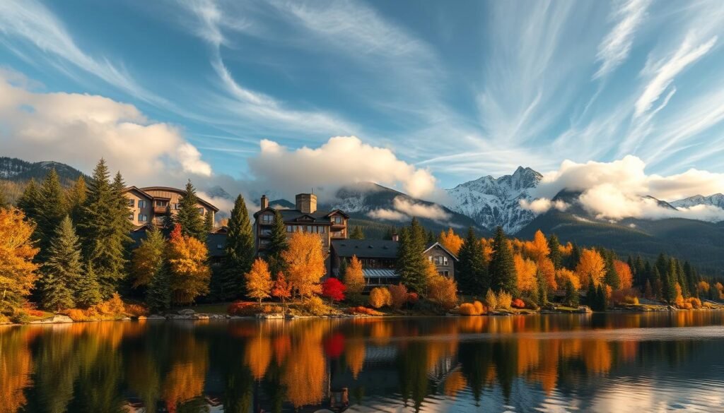 A panoramic autumn landscape of a luxurious mountain resort in 2025, captured through a wide-angle lens. In the foreground, a tranquil alpine lake reflects the vibrant foliage of towering evergreens and deciduous trees. Midground features an elegant timber-and-stone lodge with expansive balconies overlooking the scene. In the background, snow-capped peaks pierce through wispy clouds, bathed in warm, golden sunlight filtering through the atmosphere. The overall mood is one of serene, sophisticated escapism, with attention to architectural details, natural elements, and atmospheric lighting that evoke a sense of extraordinary, immersive luxury.