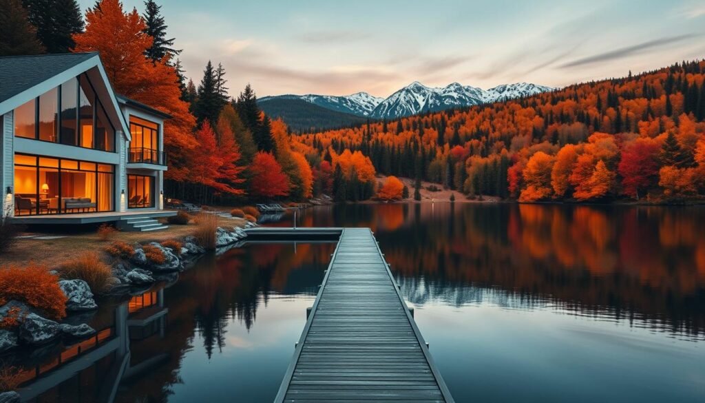 A serene lakeside villa nestled amidst lush autumn foliage, its warm glow reflected in the still waters. The foreground features a sleek, modern exterior with floor-to-ceiling windows, inviting guests to experience the picturesque surroundings. The middle ground showcases a private dock leading to a crystalline lake, fringed by a forest of vibrant orange and red trees. In the background, distant snow-capped peaks rise against a golden sunset sky, creating a breathtaking natural panorama. Soft, diffused lighting illuminates the scene, evoking a sense of tranquility and luxury. This image captures the essence of a unique, high-end fall travel destination, perfect for the "Unique Luxury Accommodations for Fall 2025" section.