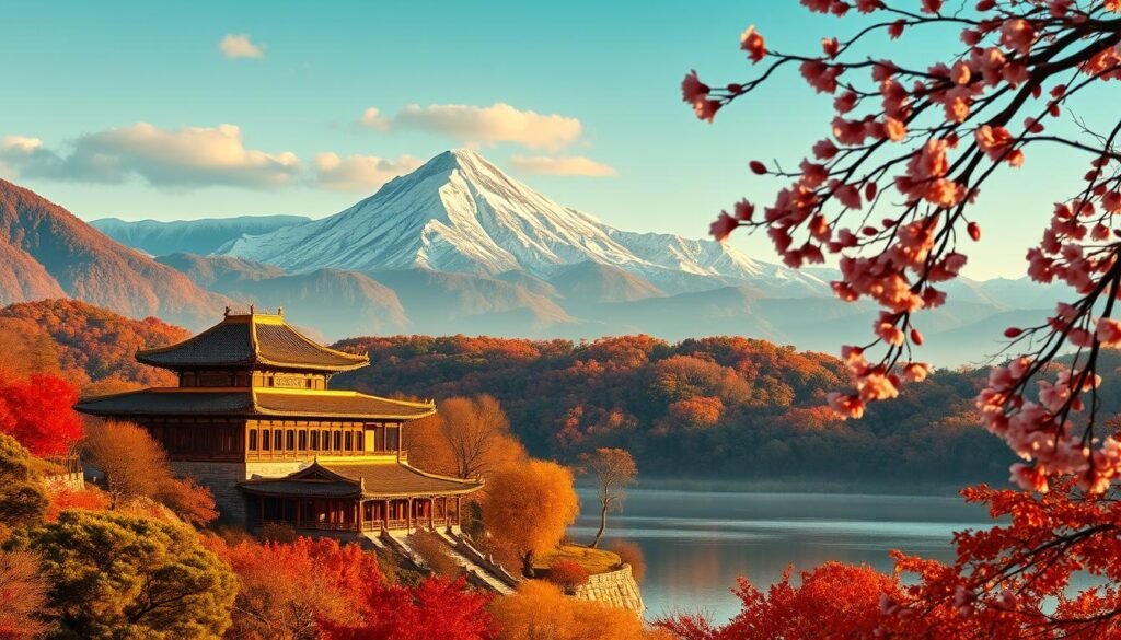 A sweeping cinematic view of Hokkaido’s autumn landscapes, with rolling hills blanketed in fiery red, golden, and orange foliage. In the foreground, an open-air onsen bath steams gently on a private terrace of a luxury ryokan, overlooking a valley filled with maples and birch trees. A tray with sake and seasonal delicacies rests on the wooden deck beside the bath. In the distance, snow-dusted peaks of Mount Asahi rise under a crisp blue sky. The scene radiates serene opulence, blending raw natural beauty with refined Japanese luxury.