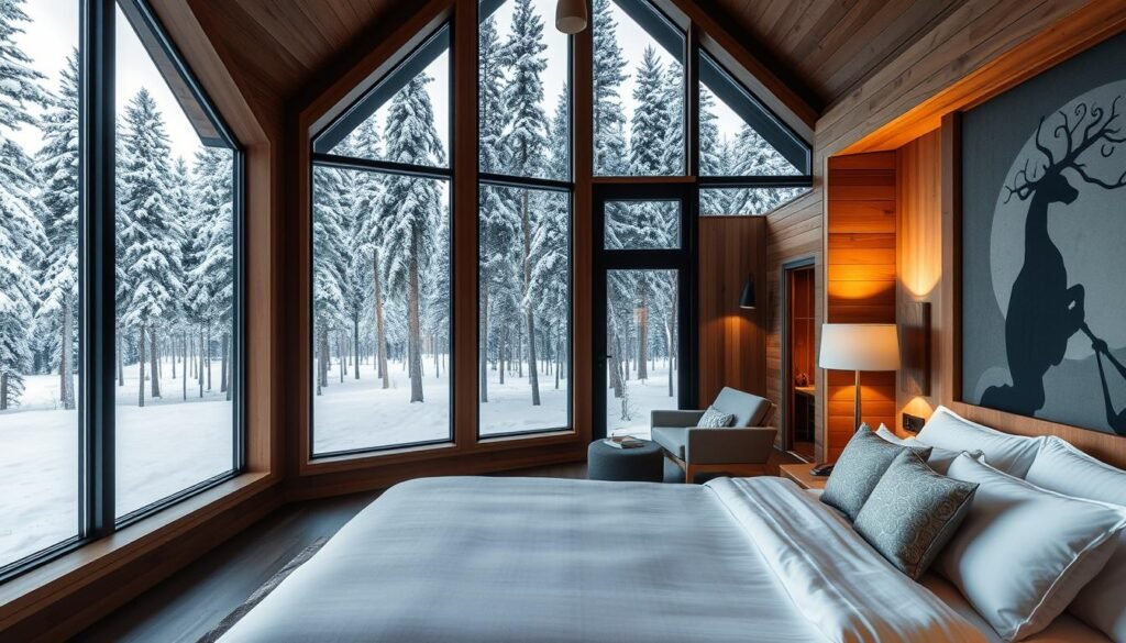 Arctic TreeHouse Hotel suite with floor-to-ceiling windows overlooking snowy forest, among the Most Instagrammable Luxury Hotels in Europe