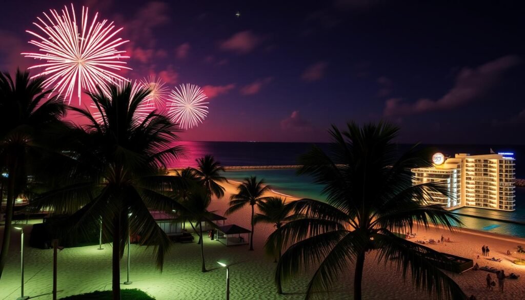 Aruba's Palm Beach New Year's celebration with fireworks over the ocean, tropical best New Year's vacation destination