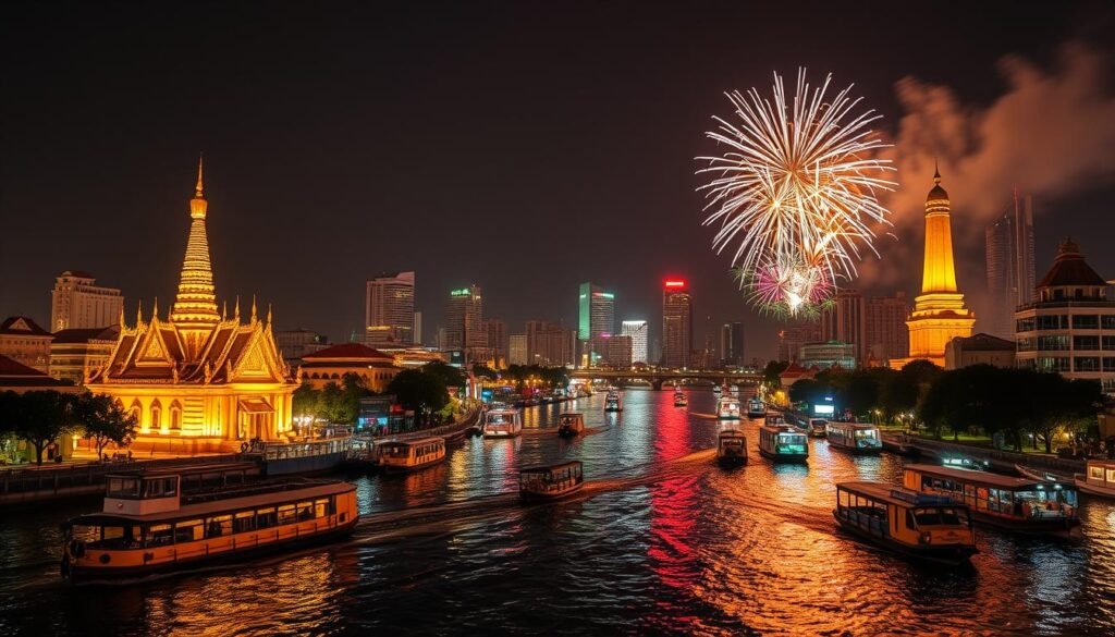 Bangkok New Year's celebration with fireworks over the Chao Phraya River and temples, exotic best New Year's vacation destination
